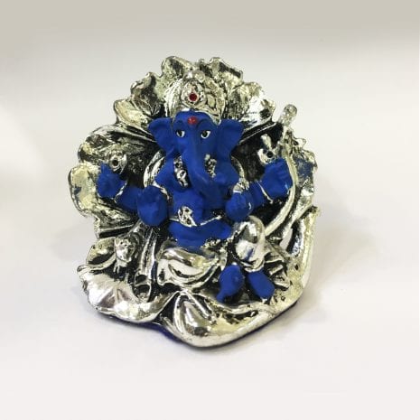 Gorgeous Mini Ganesha on a Leaf in Blue Color Finish – 2.0 inch – Resin Silver