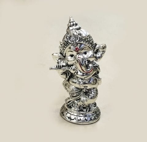 Cute Silver Ganesha playing mystic Bansuri 5.7″ – Resin Silver