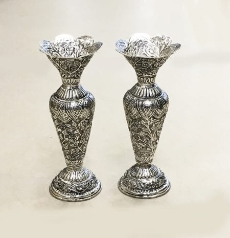 Silver Plated Antique Ethnic Flower Vase Pair – 9″ Ht