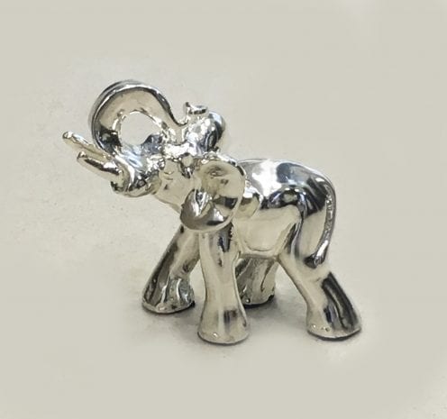 Mini Silver Elephant Gift, trunk down High Polish 2.2″ – Resin Silver