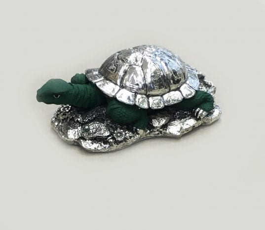 Super Silver Turtle Gift in Green Finish (Kachua)- 7.5 Inch Long – Resin Silver