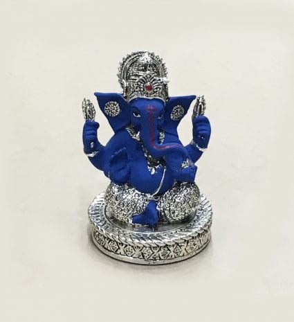 Unique Silver Ganesh Idol in Ashirwad Pose IN Blue Color 5″ – Resin Silver
