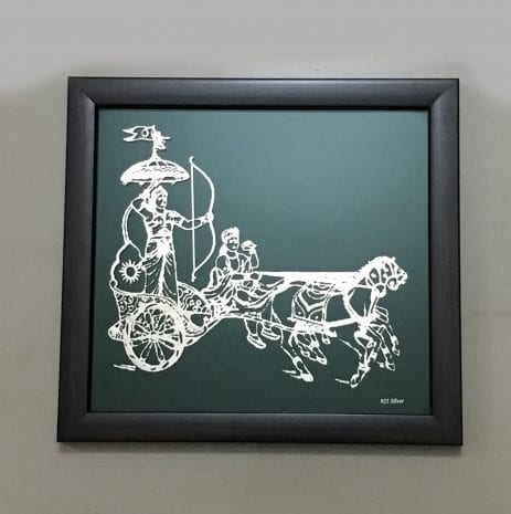 Silver Foil Krishna Chariot with Arjuna at Back and set on a Wood Finish frame – 10.0×9.5 Inch