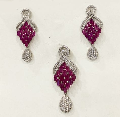 Silver Marquise Cut Real Ruby Pendant Set