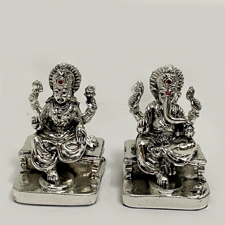 A Miniature Silver Laxmi Ganesh Pair | 2.5 Inch