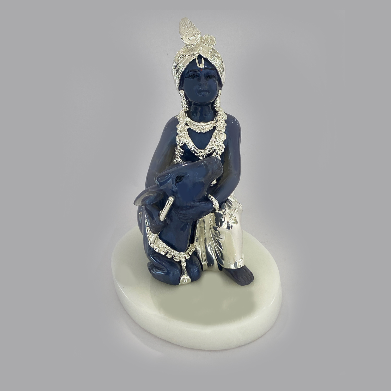 Silver Govinda with Cow Jade Blue | 8.5 Inch Ht.