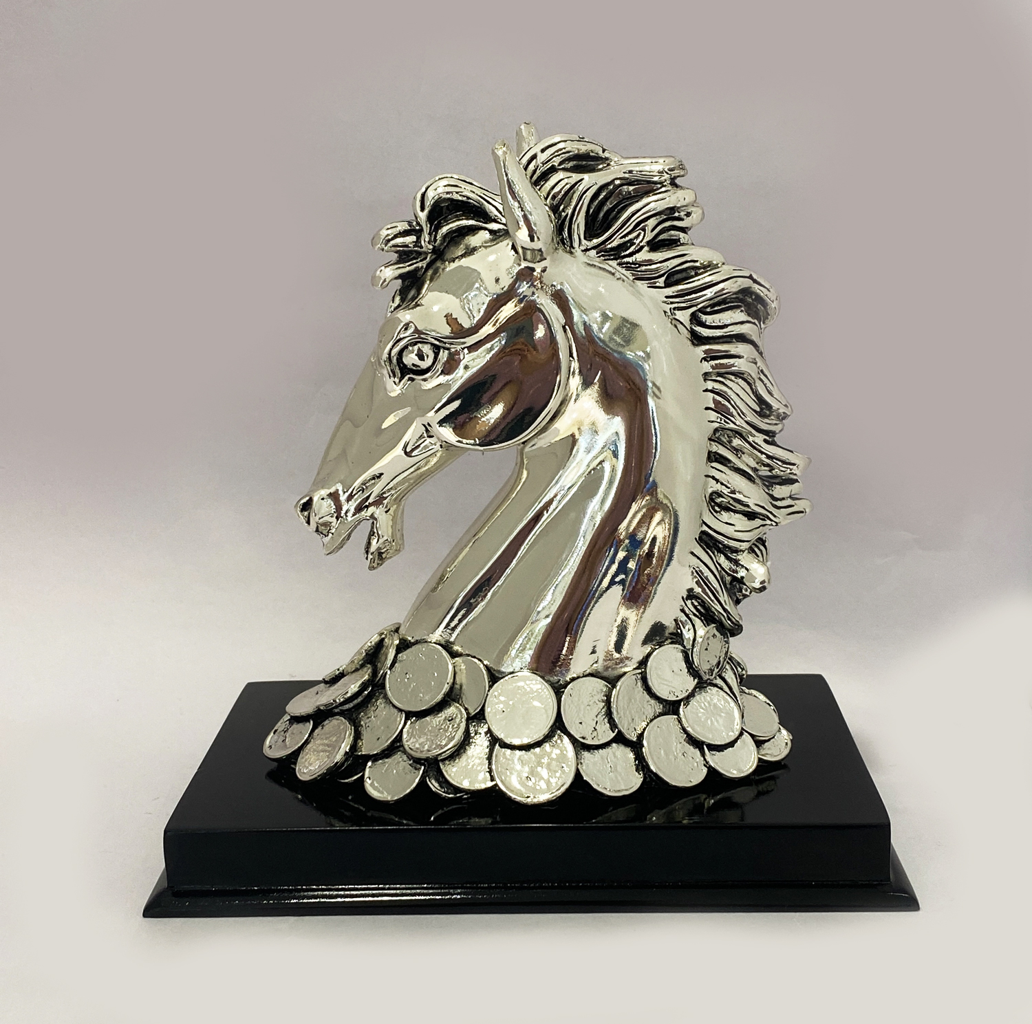 Silver Horse Head with Coins | 8″ height