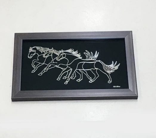 Gorgeous Silver Foil cutout of a Running Horses set on a Wood look frame – 10.5×6.7 Inch