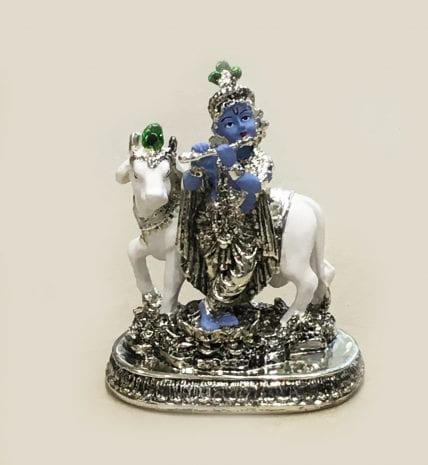 Beautiful Silver Krishna with Cow idol Blue and White – 5.5″ – Resin Silver