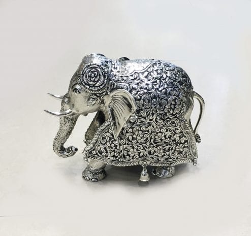 Hand Made Carved Antique Silver Plated Elephant Statue.