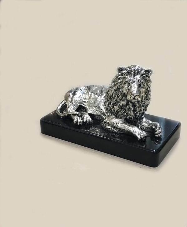 Silver Lion Statue 11″ Long Resin Silver BELIRAMS SILVER GIFTS