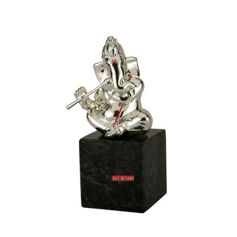 Silver Bansuri Ganesha on Granite Cube | 12 cm