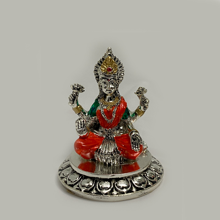 A Silver Laxmi Idol on Round Base | 4.2 Inch