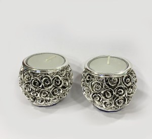 Silver Drum Shape Tealight Pair | 2 Inch Ht.