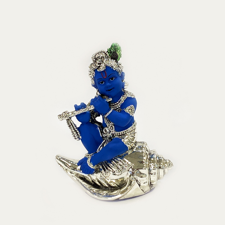 Silver Baby Krishna on Shankh | 4.5″ Blue