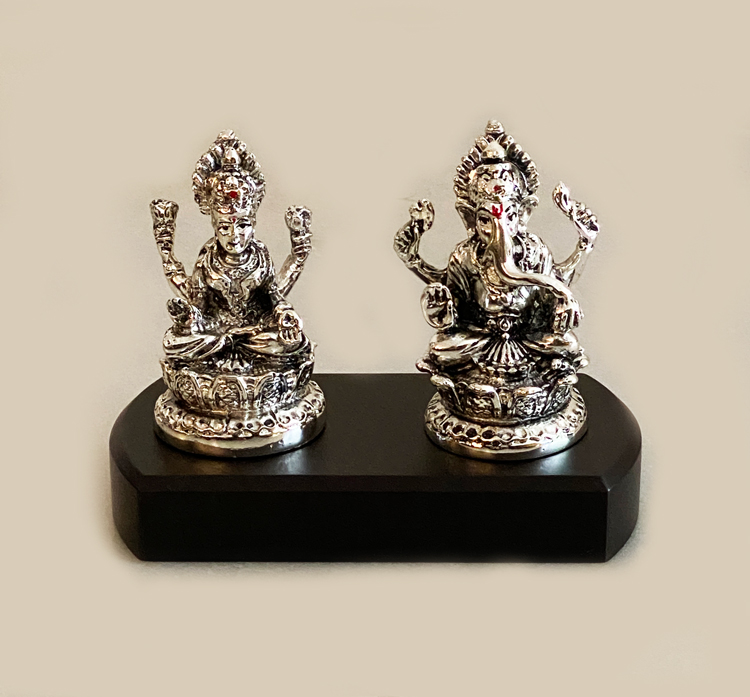 Silver Laxmi Ganesh on Wood Base  | 6 Inch – Resin Silver