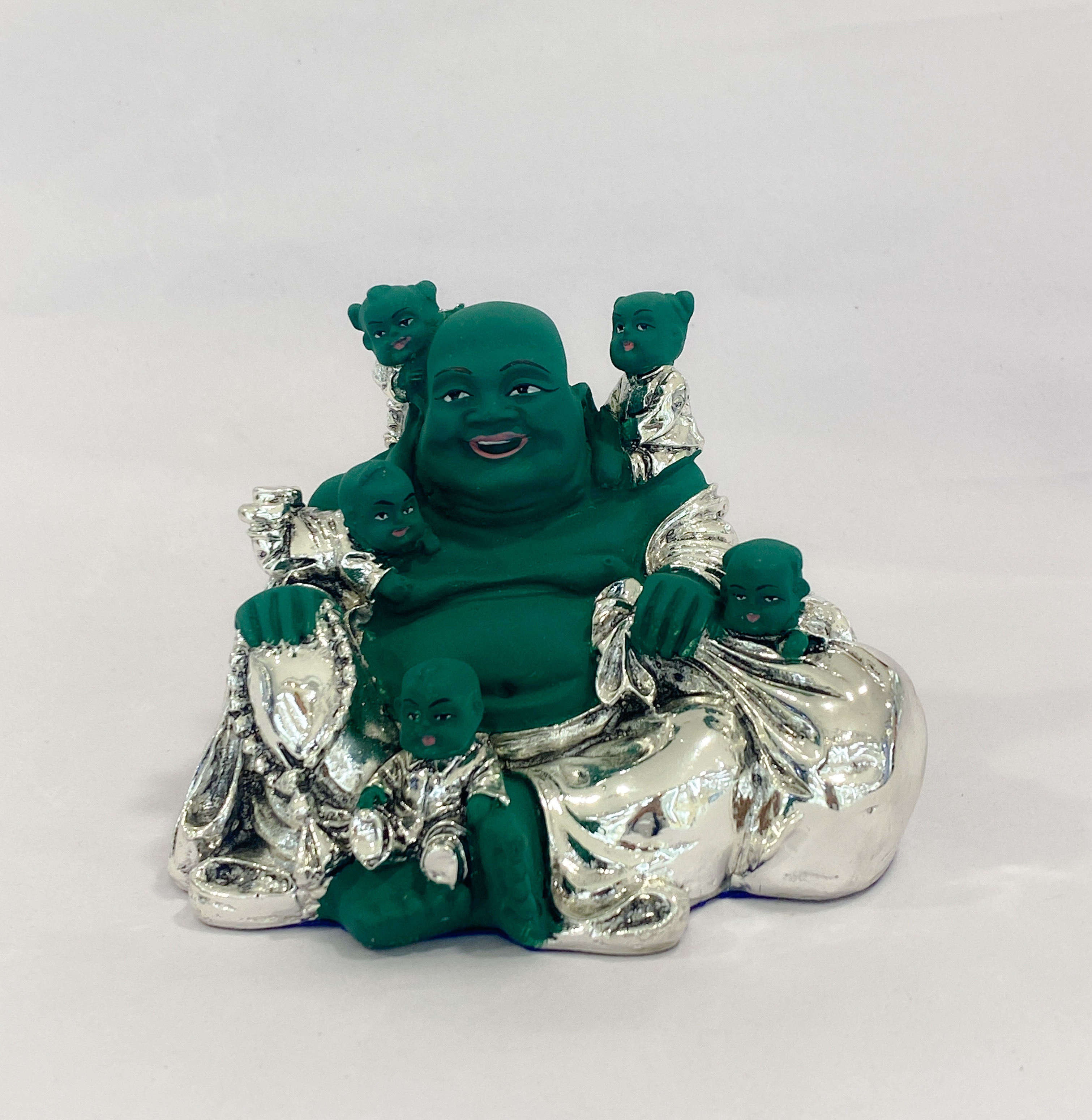 Silver Laughing Buddha Statue Green | 4 Inch