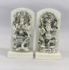 Silver Laxmi Ganesh Pair Marble Stand | 7 Inch