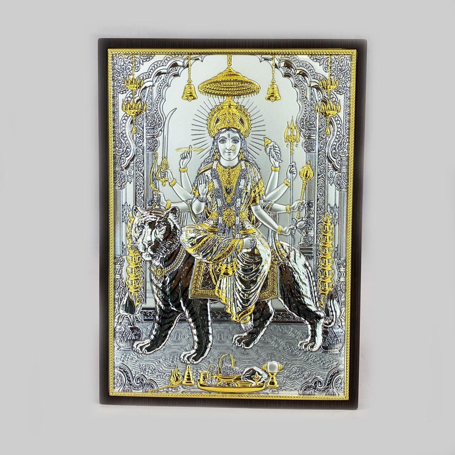 Silver Durga Mata Plaque Gold Touch | 9.5 Inch