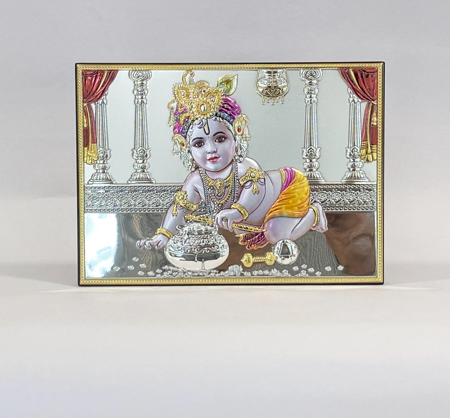 A Silver Tabletop Plaque Baby Krishna | 7.2 Inch