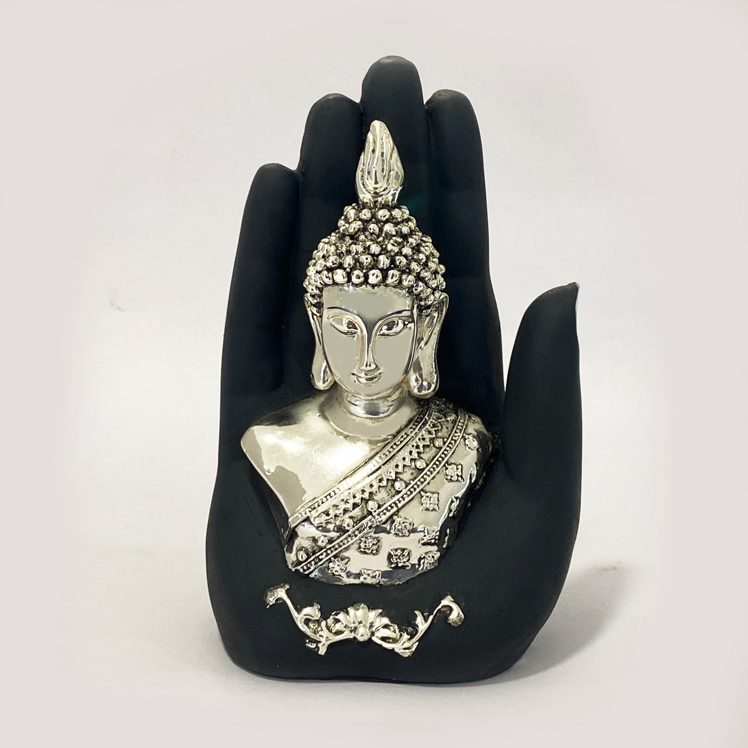 Silver Buddha in Black Hand | 6.5″