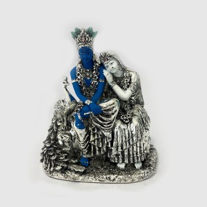 Sitting Silver Radha Krishna with Peacock | 7.7" Ht.