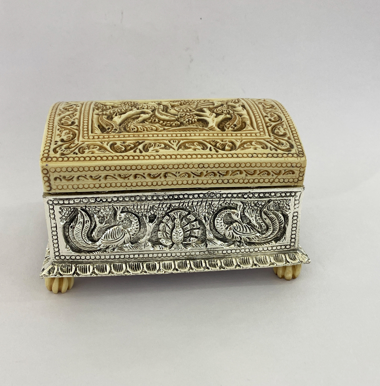 Carved Silver Jewelry Box Peacock Motif | 7 Inch