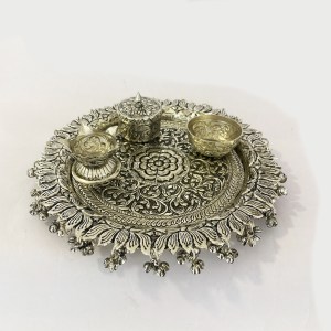 Pooja Thali Embossed Antique - Silver Plated | 8 Inch