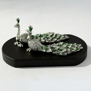 Artistic Silver Peacock Green shade Wood base | 6.5 " length