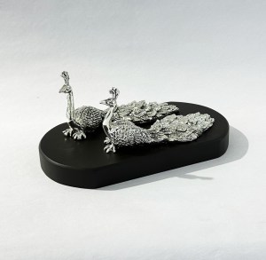 Fine Silver Peacock Pair set on Wood base | 6.5 " length