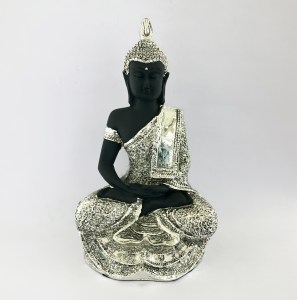 Large Silver Buddha Sitting in Black | 10.7" ht.