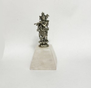Pure Silver Krishna on Rose Quartz Base | 4.2 Inch Ht.