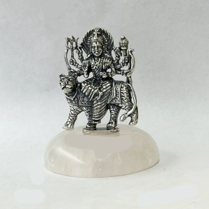 Pure Silver Durga Mata Statue on Rose Quartz Base | 2.5" Ht
