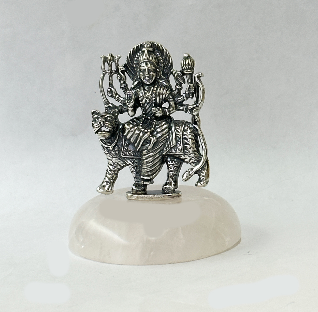 Pure Silver Durga Mata Statue on Rose Quartz Base | 2.5″ Ht