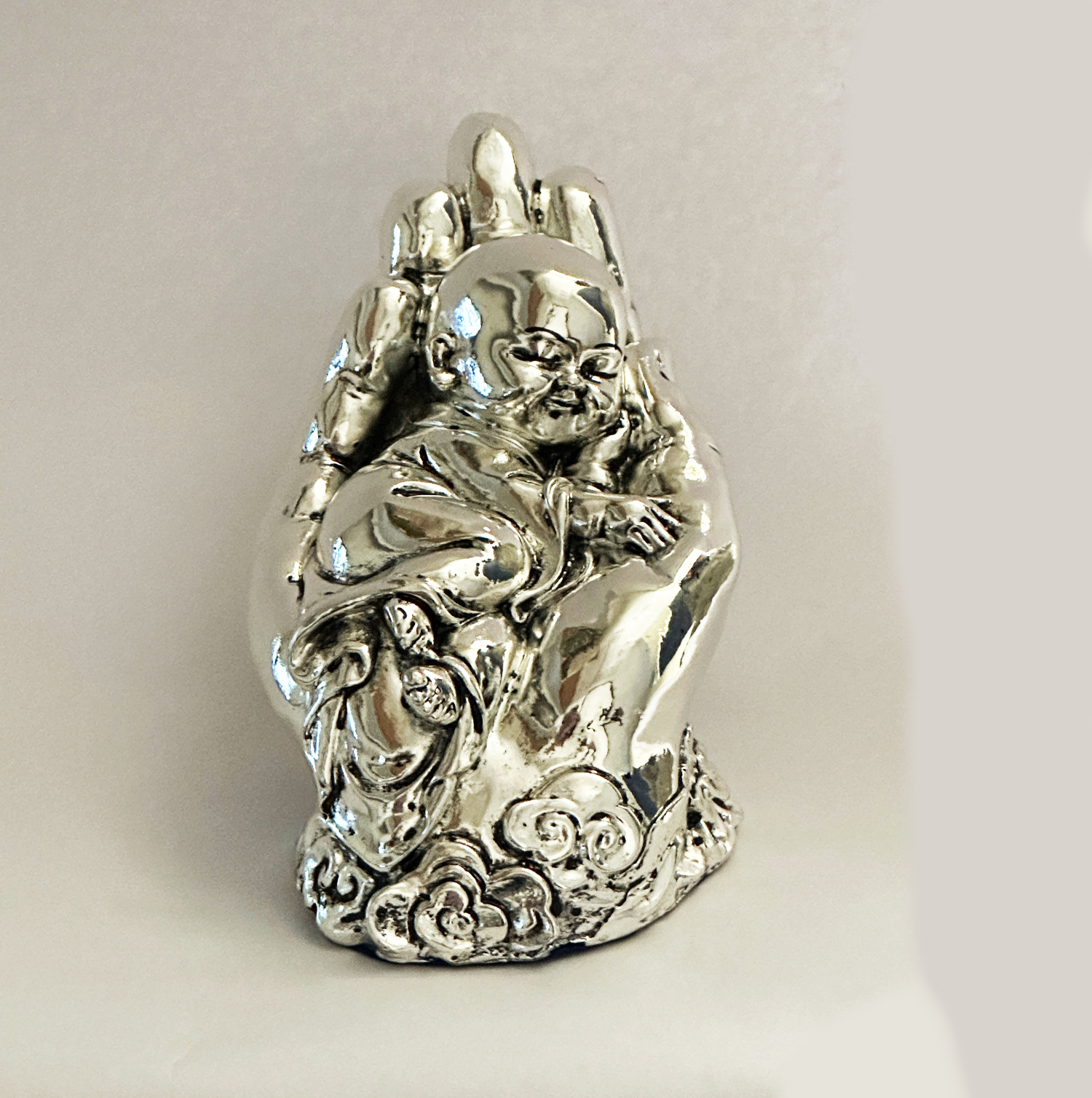 Silver Baby Laughing Buddha in Hand | 6.2 Inch