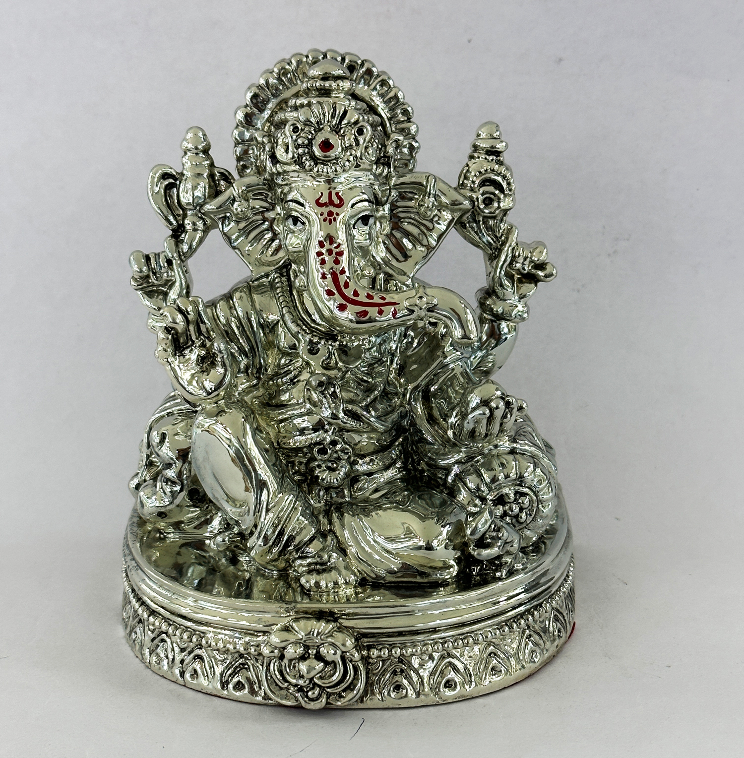 a Silver Lord Ganesha in a Sitting pose – 6.5 Inch High – Resin Silver