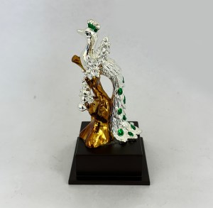 Cute Silver Peacock sitting on a tree trunk | 6" height