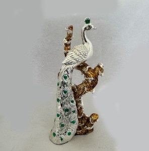 Artistic Silver Peacock sitting on a tree trunk | 10" height