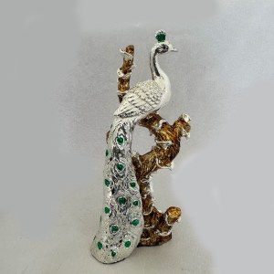 Artistic Silver Peacock sitting on a tree trunk | 10" height