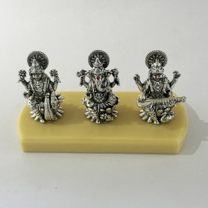 Pure Silver Laxmi Ganesh Saraswati on an Ivory Look Base | 2.75" Ht.