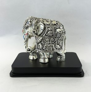 Pure Silver Large Carved Elephant on Wood Base | 7 Inch Ht.