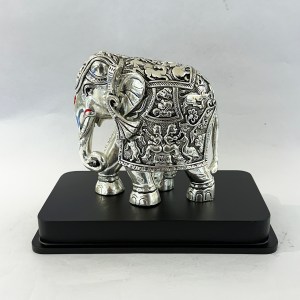Pure Silver Large Carved Elephant on Wood Base | 7 Inch Ht.