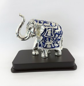 Class Silver Elephant in Blue Enamel finish set on Wood Base | 8" Resin SIlver