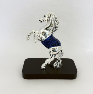 A Standing Silver Horse Blue on Wood Base | 7" height