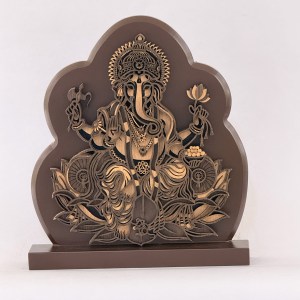 Wooden fretwork sculpture of the Hindu deity Ganesha with multiple arms, ornate crown, jewelry, and a lotus in one hand, on a pedestal.