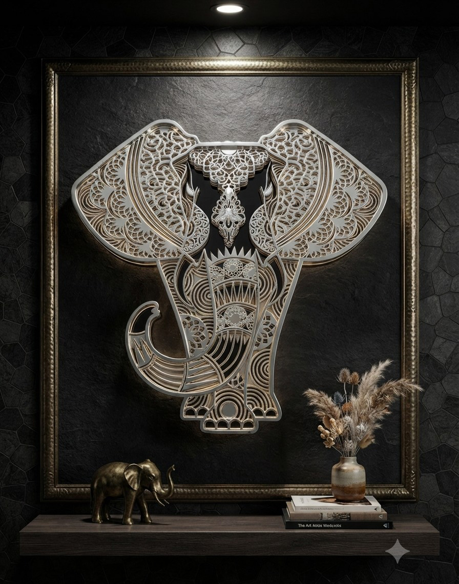 Ornate metal elephant head wall art framed on a dark textured wall with a brass elephant figurine and a vase of dried grasses on a wooden shelf below.