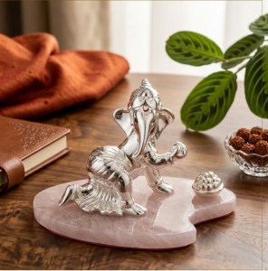 Silver Contemporary Ganesha with Ladoo on Quartz Base | 5.5" Size