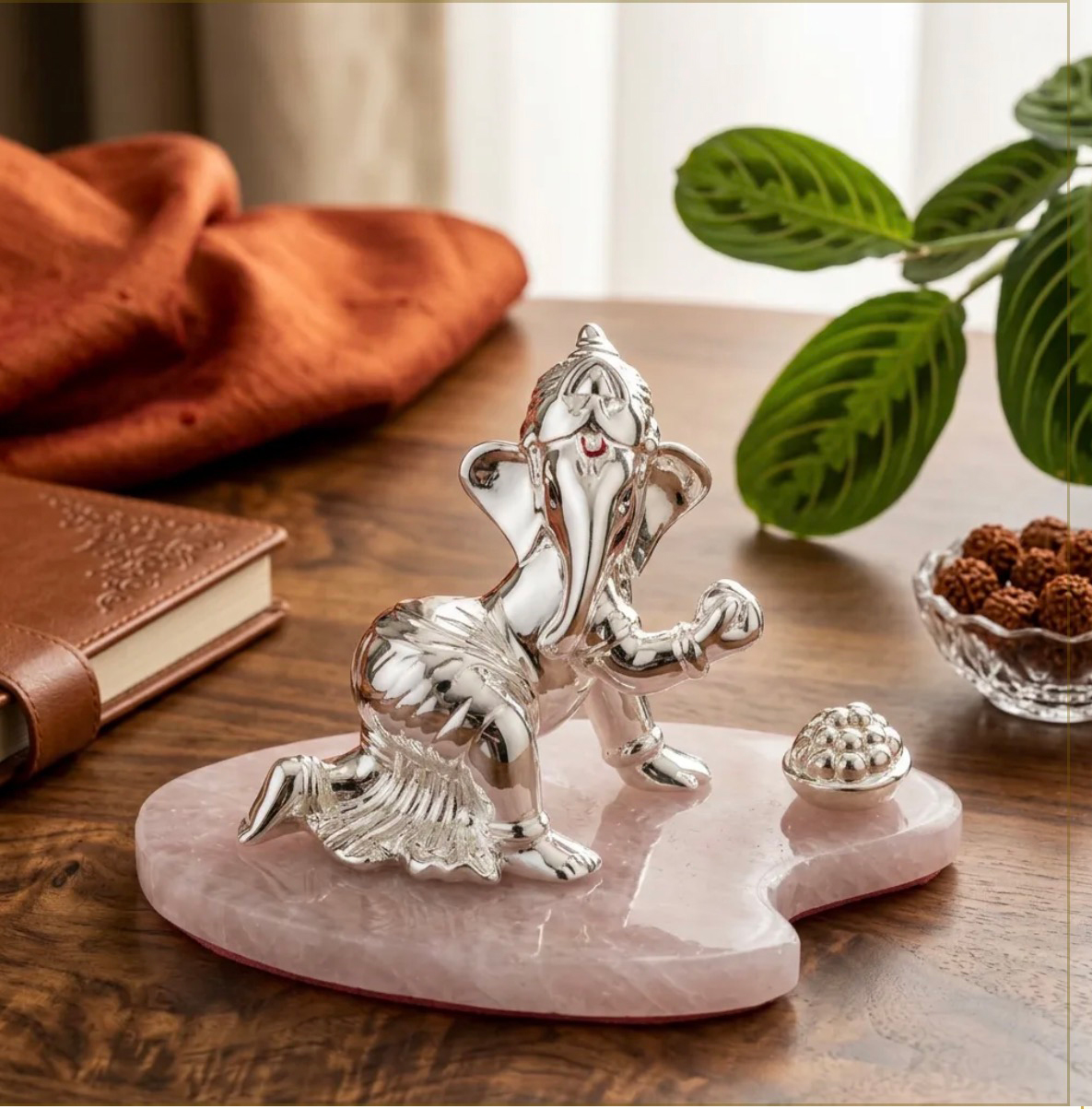 Silver Contemporary Ganesha with Ladoo on Quartz Base | 5.5″ Size