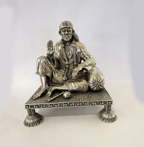 Artistic Pure Silver Sai Baba Sitting on a Chowki | 3.7" Ht