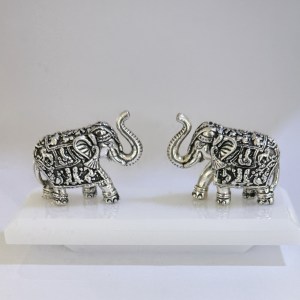 Pure Silver Mini Carved Elephant Pair on Base | 2.5 Inch